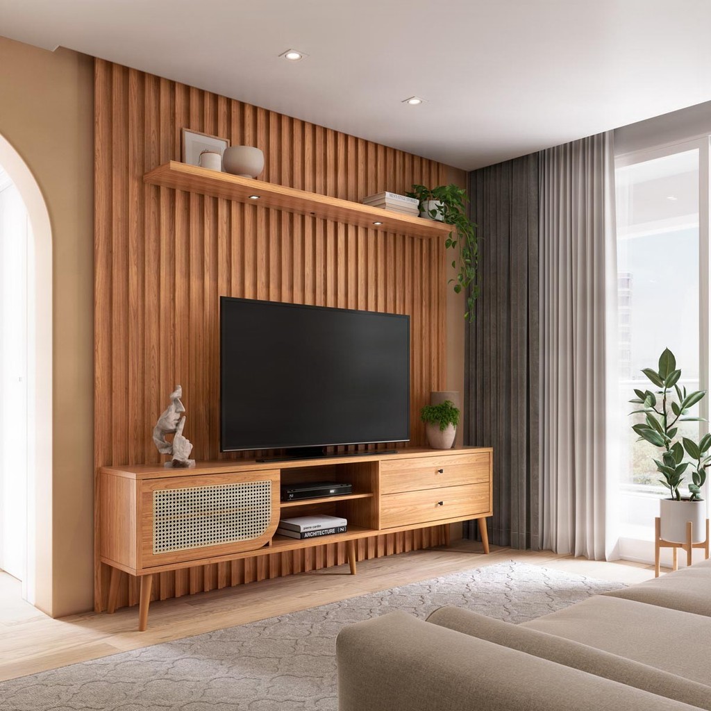 Rack e Painel TV 75 Pol Led 1 Porta Palha Natural 228cm