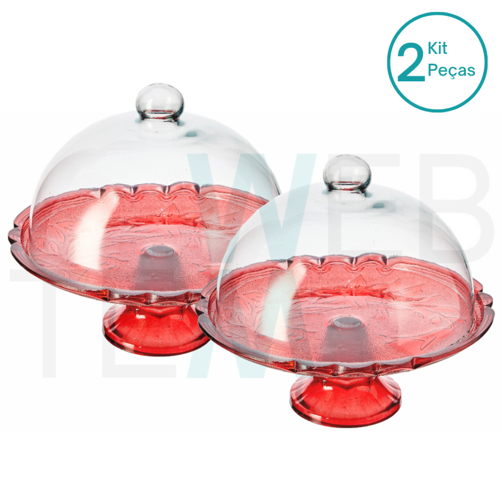 Kit 2 Boleiras de Vidro com Pé e Tampa Lírio 32 cm Vermelha Vitazza Prato para Bolo, Doces, Sobremesas, Decoração, Organização e Mesa Posta, com Toque de Elegância e Praticidade Sustentável para Festas, Natal e Outras Ocasiões Especiais