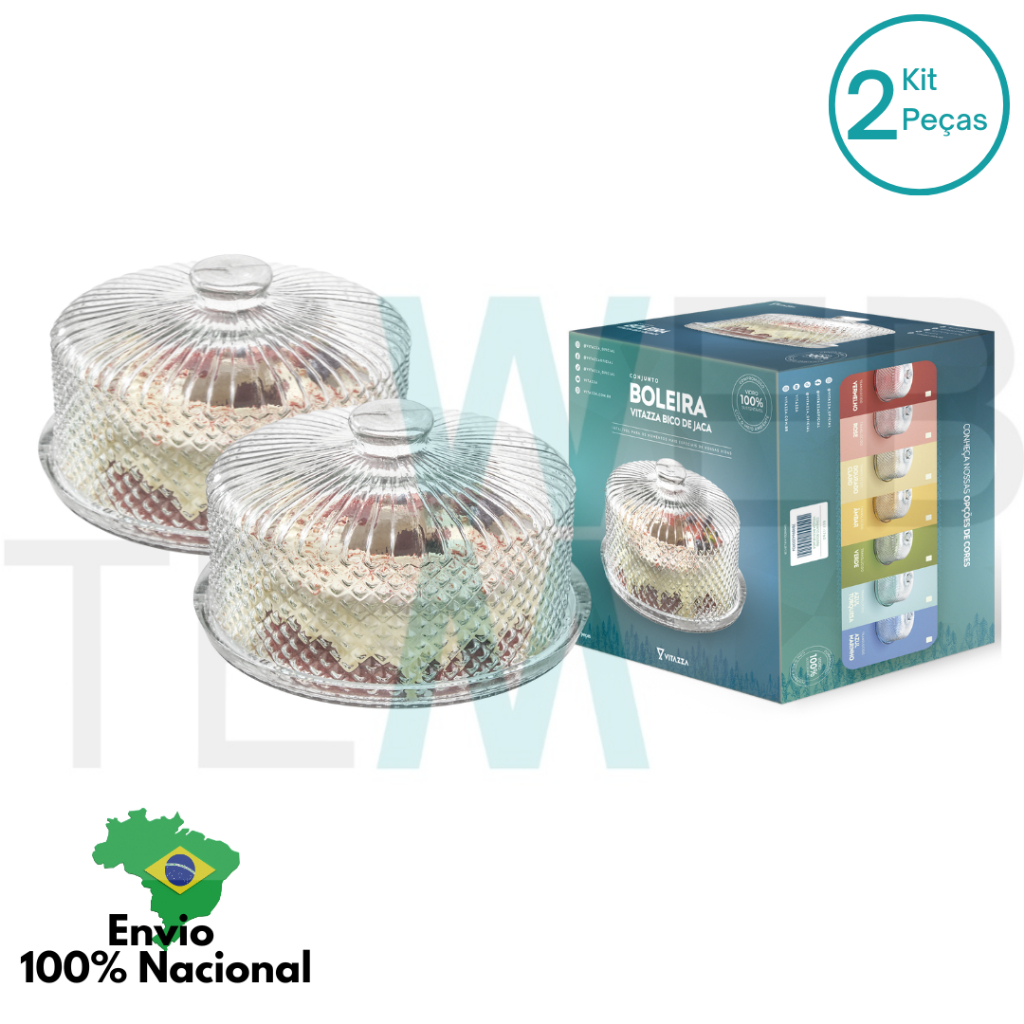 Kit 2 Boleiras de Vidro com Tampa Bico de Jaca Vitazza Prato 28cm para Bolo, Doces, Sobremesas