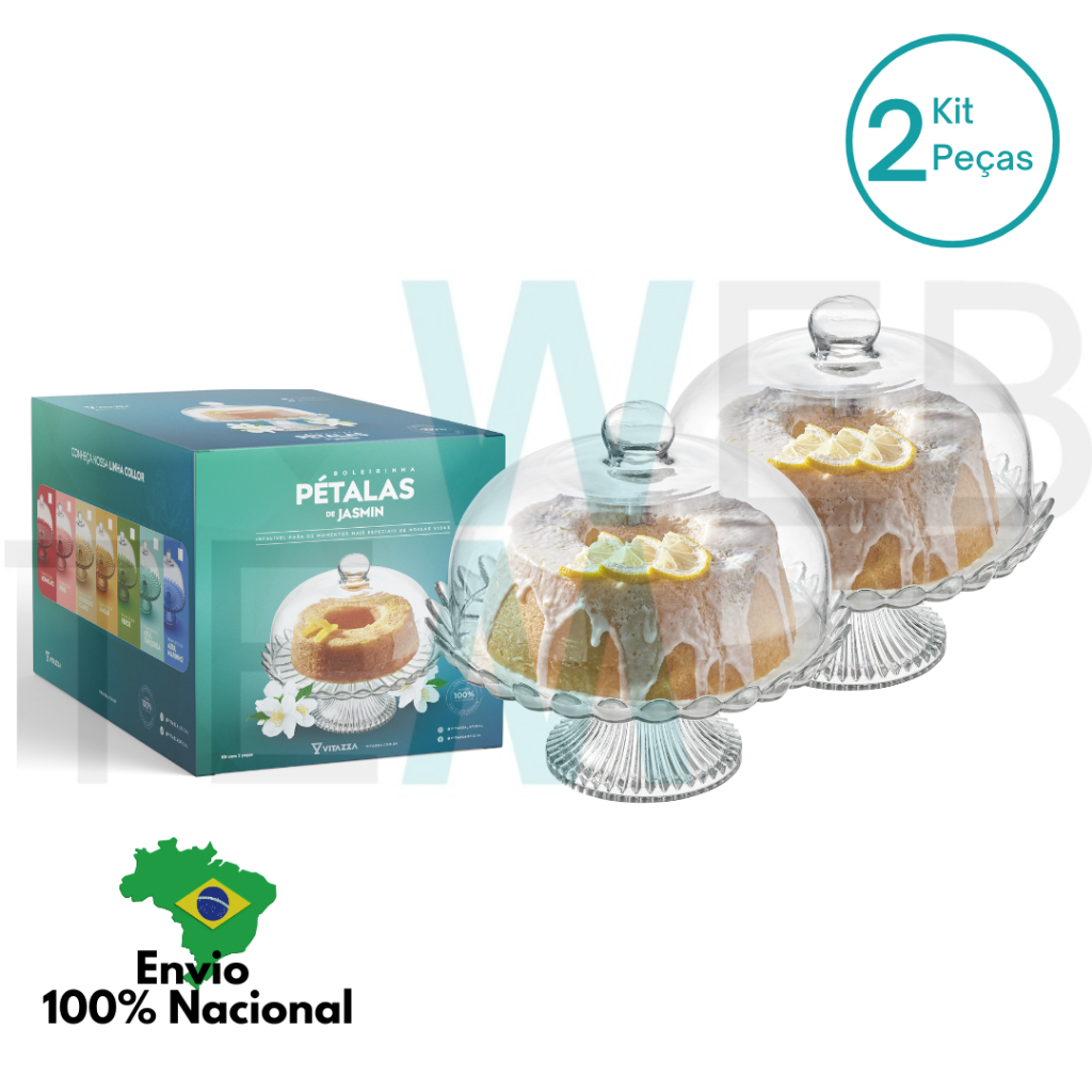 Kit 2 Boleiras de Vidro com Pé e Tampa Pétalas de Jasmin 24 cm Vitazza Prato para Bolo, Doces