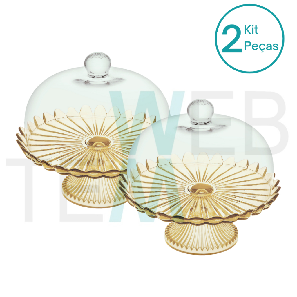 Kit 2 Boleiras de Vidro com Pé e Tampa Pétalas de Jasmin 24cm Dourada Vitazza Prato para Bolo, Doces