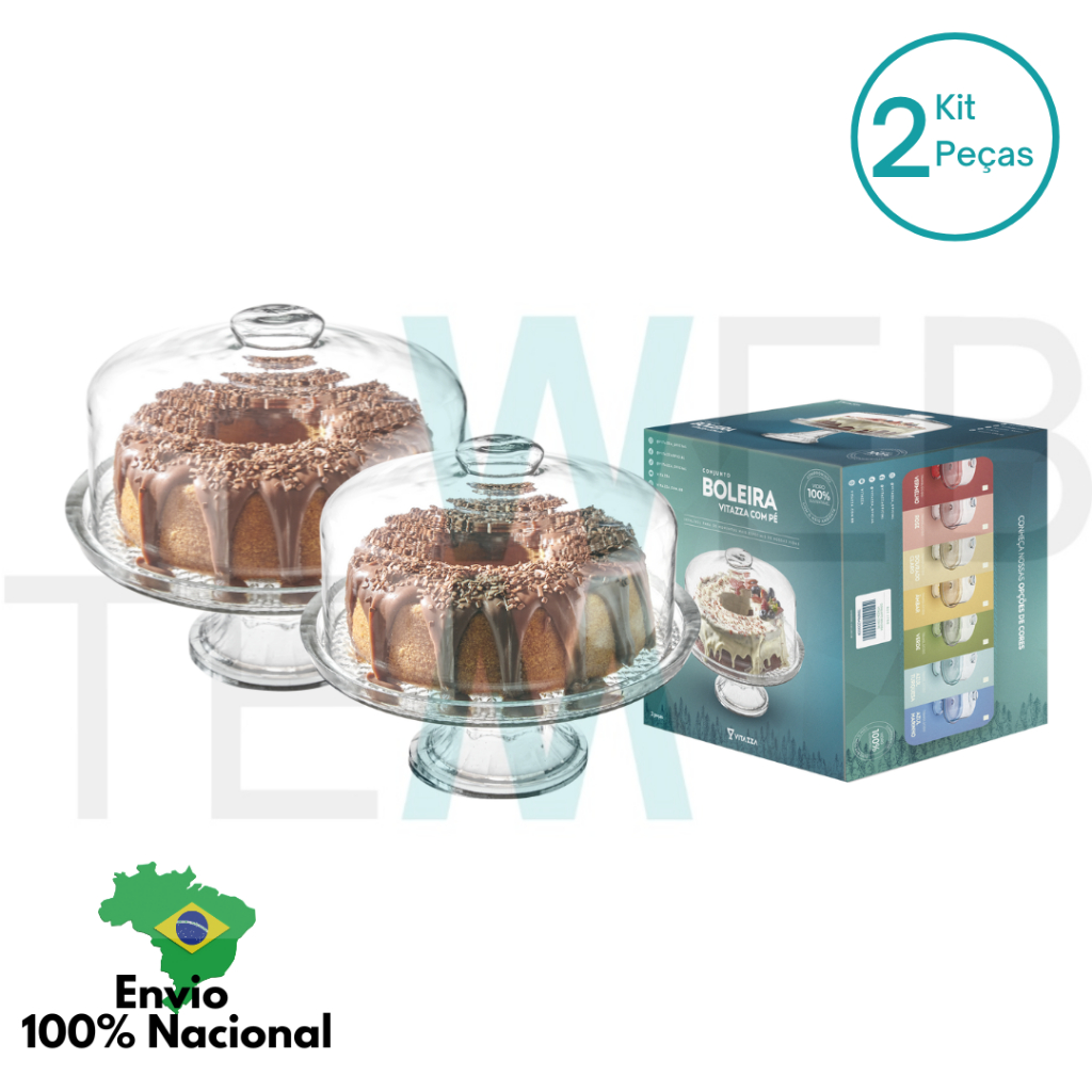 Kit 2 Boleiras de Vidro com Pé e Tampa Vitazza Prato 28cm para Bolo, Doces, Sobremesas, Decoração