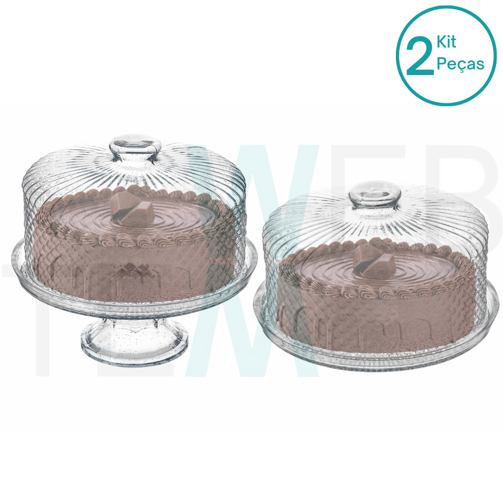 Conjunto 2 Boleiras de Vidro com e sem Pé e Tampa Bico de Jaca Vitazza Prato 28cm Suporte para Bolo, Doces, Festas, Decoração, Organização, Mesa Posta Elegante e Sustentável