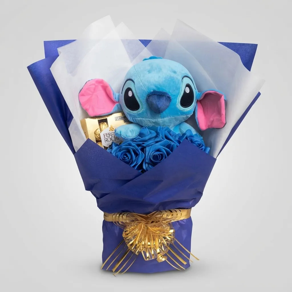 Buquê De Rosas Azuis Artificiais com Pelúcia Stitch Ferrero Rocher Namorados#aniversário#filme stitch angel#