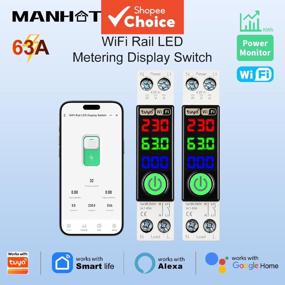 Disjuntor Inteligente WiFi MANHOT 63A com Medidor de Energia LED, Medição KWh, Temporizador e Monitoramento de Tensão e