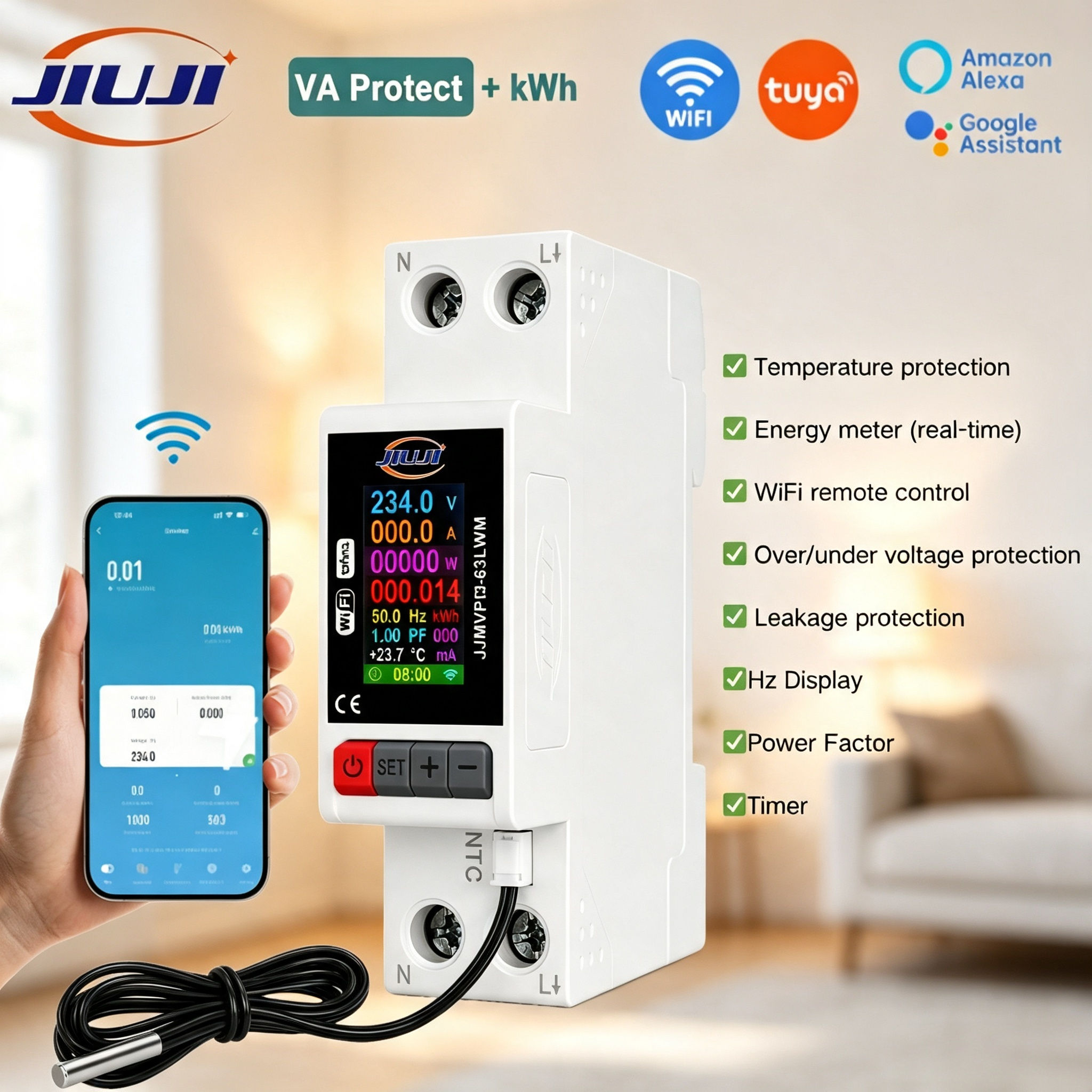 Disjuntor Inteligente Jiuji Para Tuya Interruptor LCD Medidor De Energia Kwh Medição Temporizador Relé Sem Fio