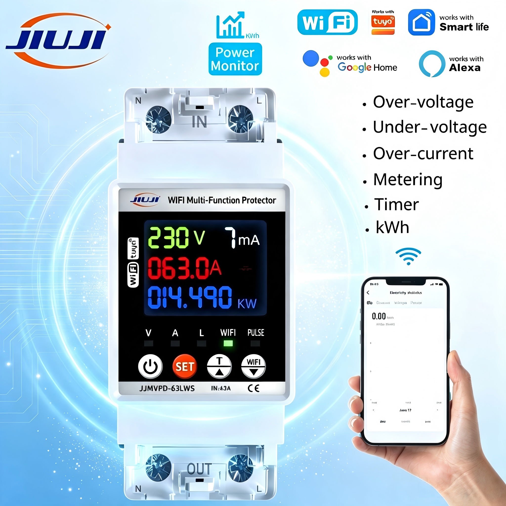 Disjuntor Inteligente Jiuji Interruptor Para Medidor De Energia Tuya 63A Temporizador Com Proteção Contra Vazamento De T