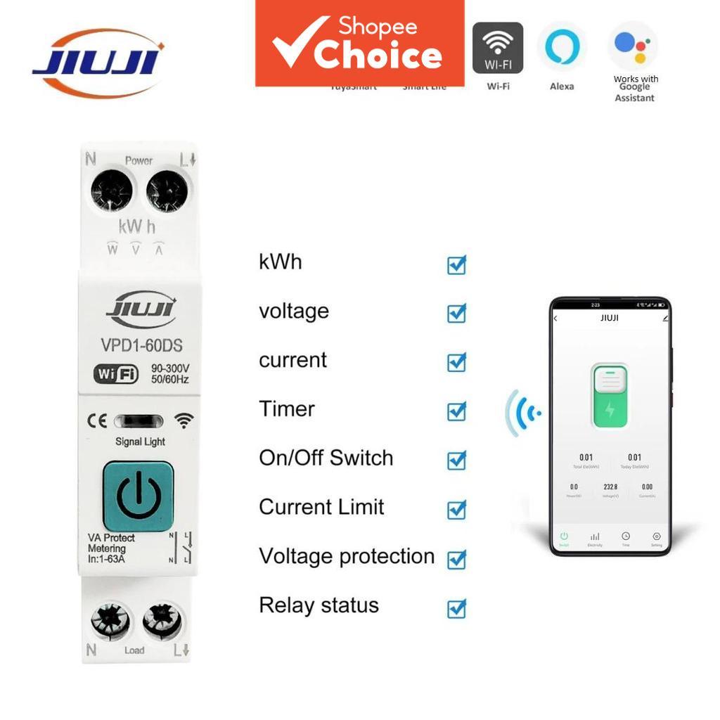 Interruptor Inteligente de Medidor de Energia JIUJI 63A 1P+N WiFi - Medição de kWh, Monitoramento, Relé de