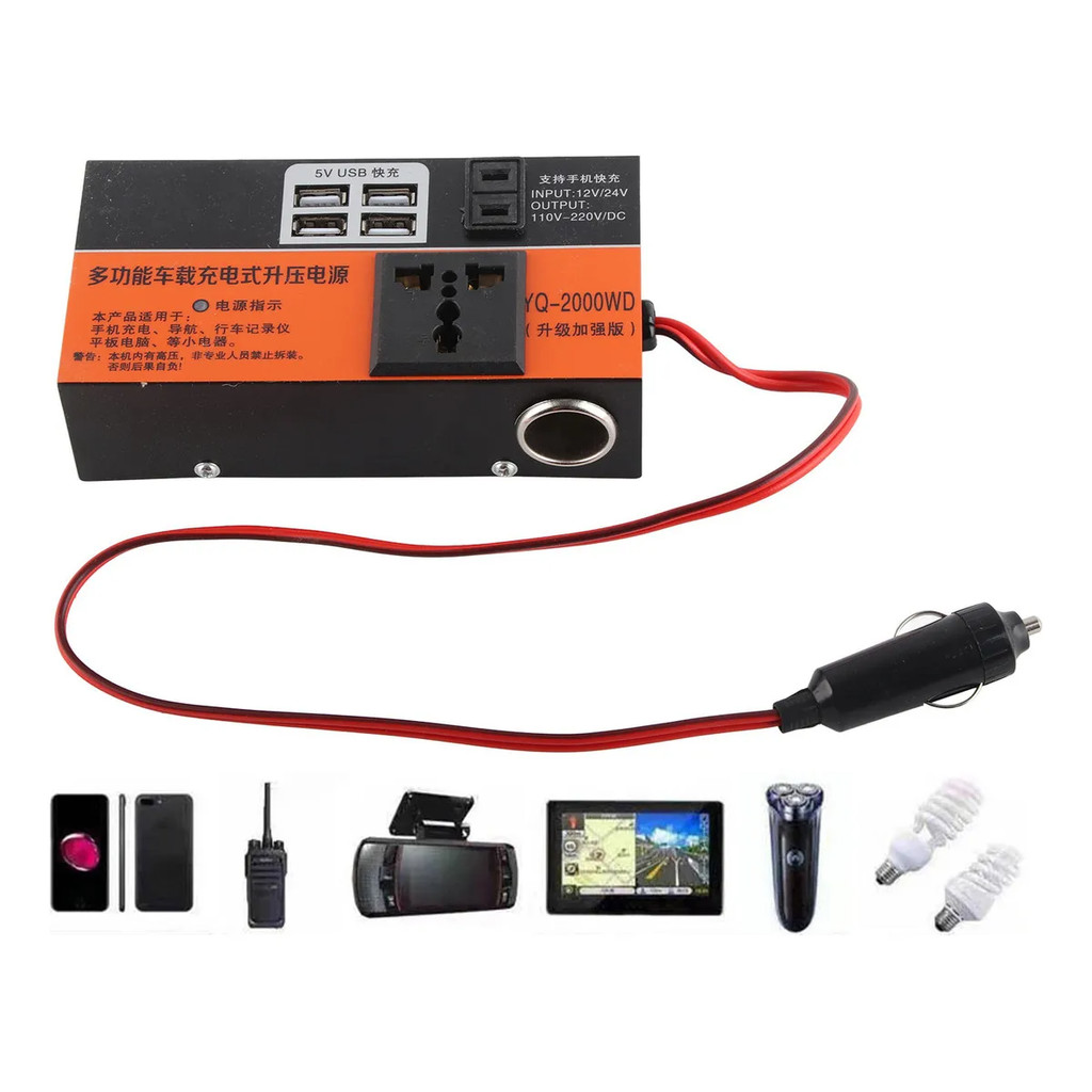12V/24v A 220V Conversor 200W Inversor De Energia Para Carro Com 4 Portas Usb Carregador