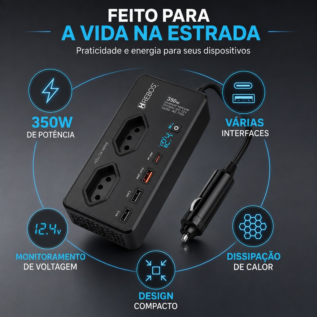 Inversor Veicular De Energia 12v Para 110v 350w Saida Usb-c