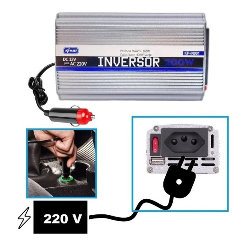 Inversor Automático 200W Veicular Conversor 220V 60Hz Tomada USB Onda Senoidal Modificada para Carro Caminhão Ônibus