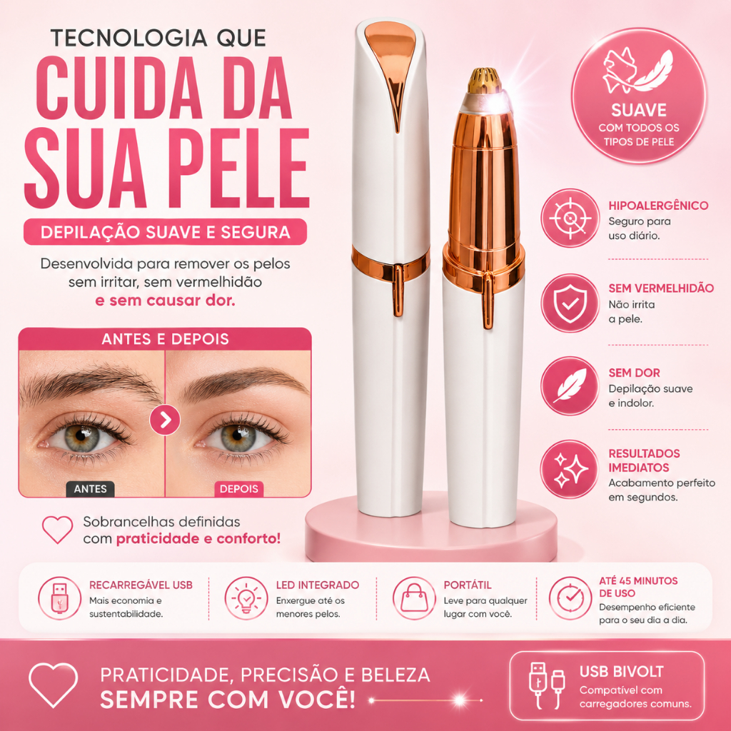 Caneta Depiladora Sobrancelha Elétrica Recarregável USB Aparador Facial Feminino Com LED
