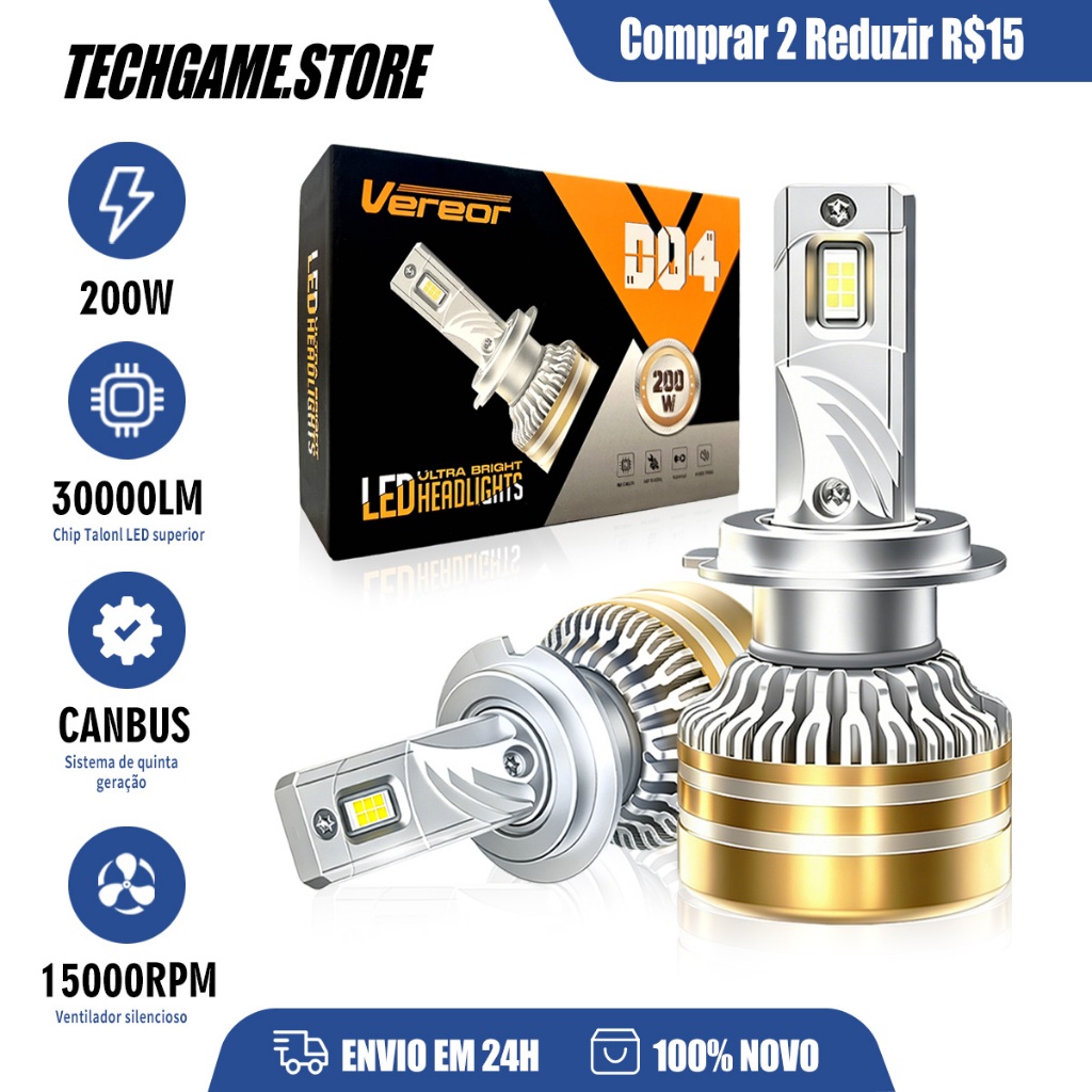 Lâmpada LED D04 30000LM 200W 6000K Alto Brilho para Farol de Carro Compatível H1/H3/H4/H7/H11/9005/9006 Frete Grátis