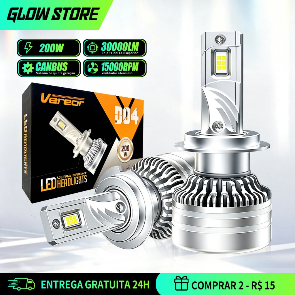 Par Lâmpada LED D04 200W 30000LM 6000K Universal para Carro Compatível H1/H3/H4/H7/H11/9005/9006 Luz Branca