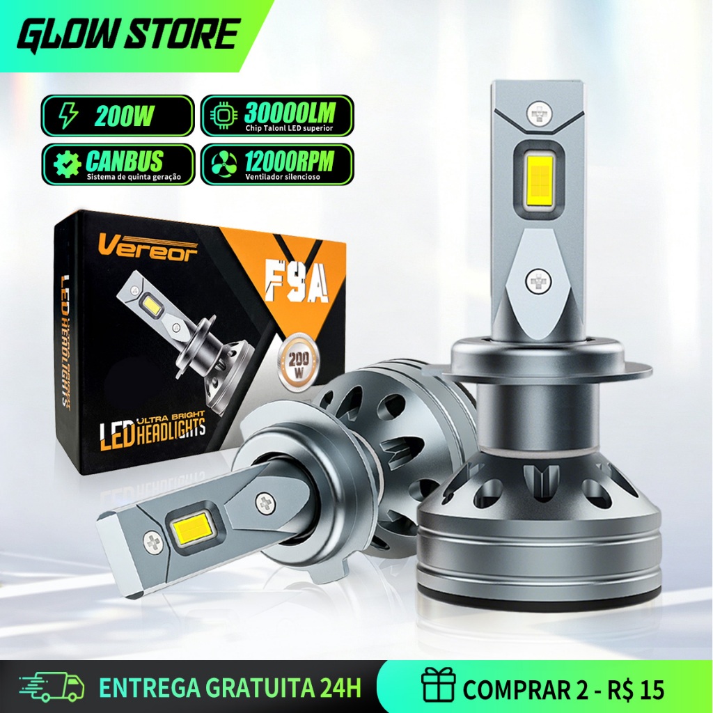 Vereor F9A Farol de carro LED super brilhante de 30000LM 200W compatível com farol H1 H3 H11 Luz Brilhante