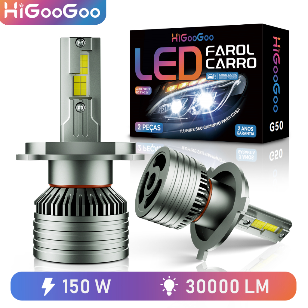 HiGooGoo G50 Farol De Carro LED 30000LM 150W Alto Brilho Para H1 H3 H4 H7 H8/H9/H11 H27 HB3/9005 HB4/9006 6500K 9-32V