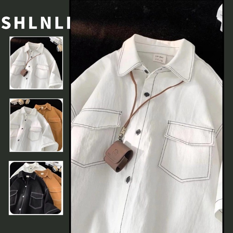 Verão Masculino Estilo Hong Kong Casual Manga De Cinco Pontos Topo Japonês Retro Solto Cor Sólida Camiseta