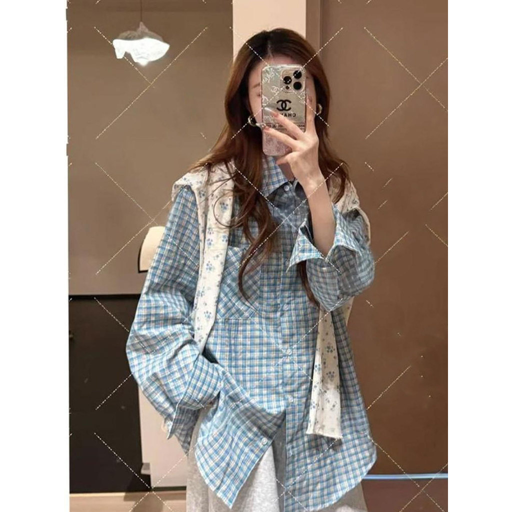 Estilo Hong Kong Retro azul xadrez lapela camisa de manga comprida feminina outono inverno estilo coreano usar solto pre