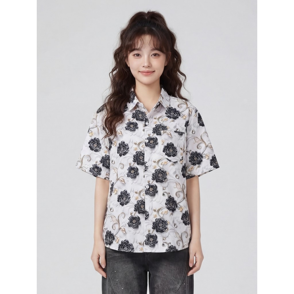 VIAGEM ISSUANCE Hong Kong Style Street Trendy Americano Retro Solto BF Preto Rosa Impressão Completa Camisa de Manga Cur