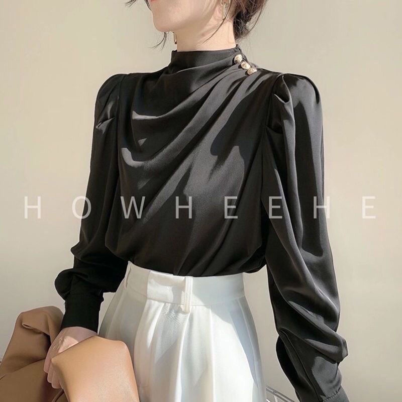 Top outono feminino Design nicho Retro estilo Hong Kong camisa cetim acetato profissional elegante gola