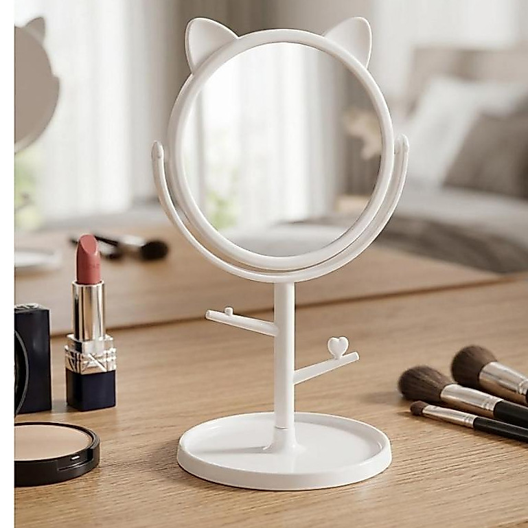 ESPELHO MESA REDONDO GATINHO COM SUPORTE JOIAS PLÁSTICO PP E VIDRO 12cm x 3cm 16cm