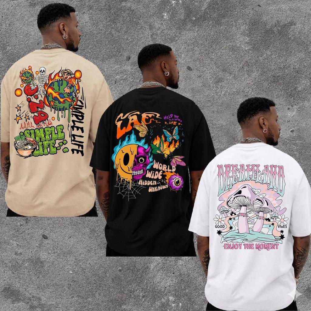 Kit 3 peças  Camiseta Masculina Algodão Premium Adulto Plus Size Infantil Streetwear Simple Life Lae Dreamland Caveira