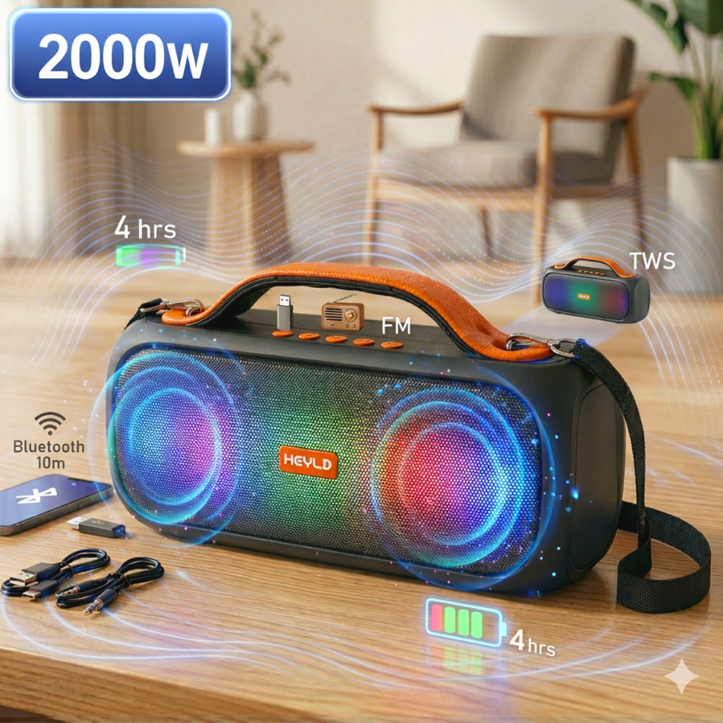 Caixa De Som Bluetooth 2000W Portátil TWS Super Bass Alça Festa Praia Piscina