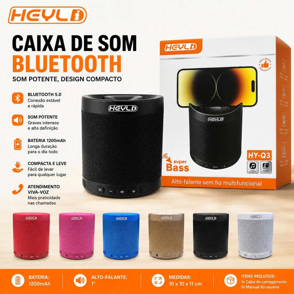Caixa de Som Bluetooth Portátil HEYLI Q3 Mini Speaker Super Bass Bluetooth 5.0 Bateria 1200mAh Entrada TF AUX Viva-Voz