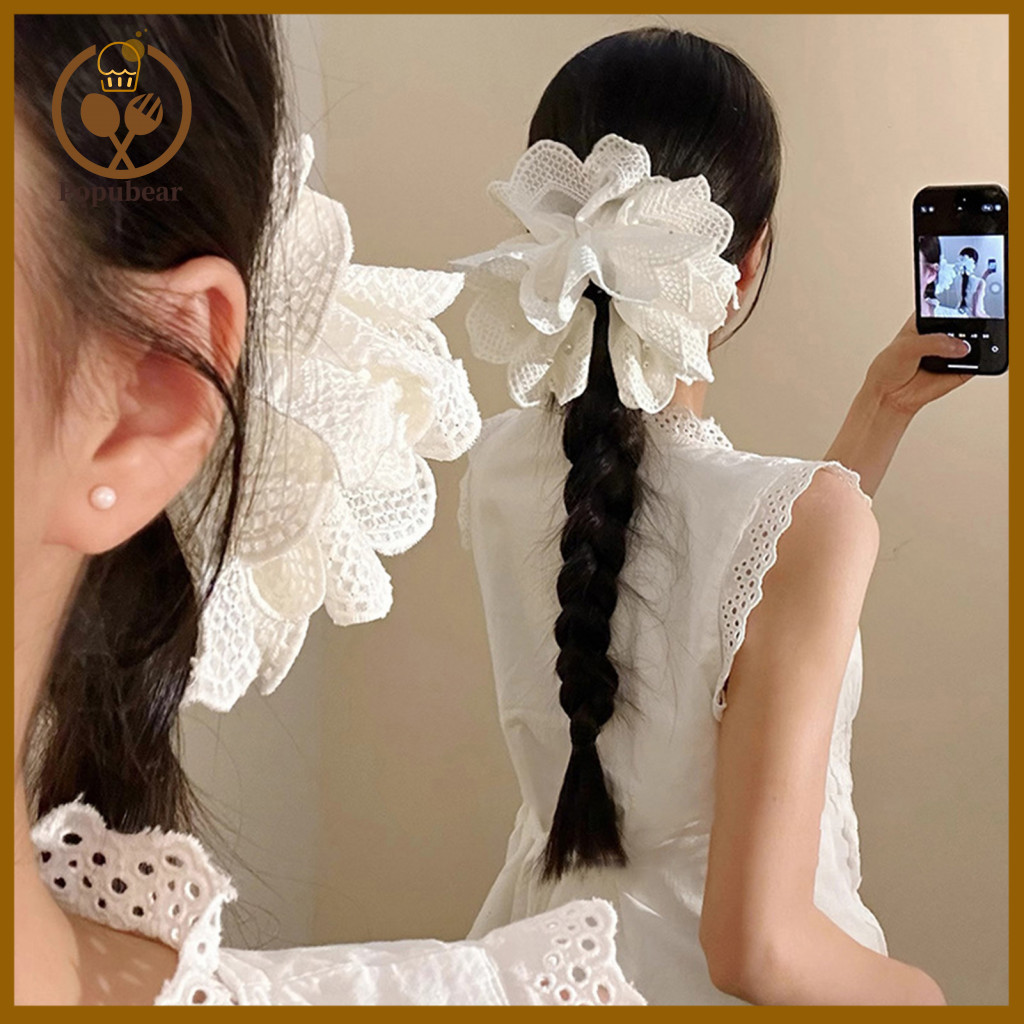 Big Flower Hair Claw Hairpin Strong Clamping Force Top Clip with Multi-layered Lace and Imitation Pearls Shark Ponytail
