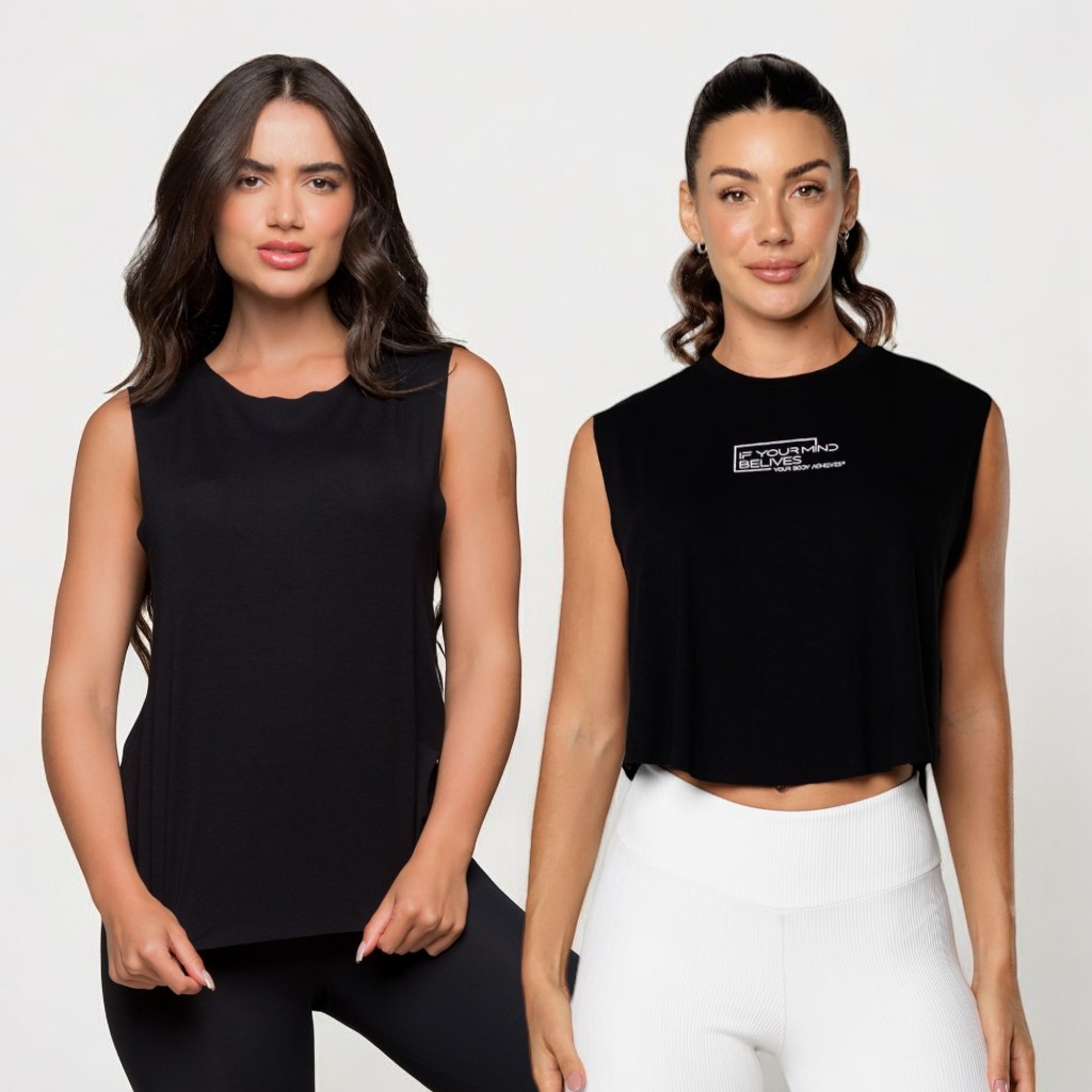 Kit 2 Cropped e Regata Fitness Feminina Academia Básica Viscolycra Lot Fitness