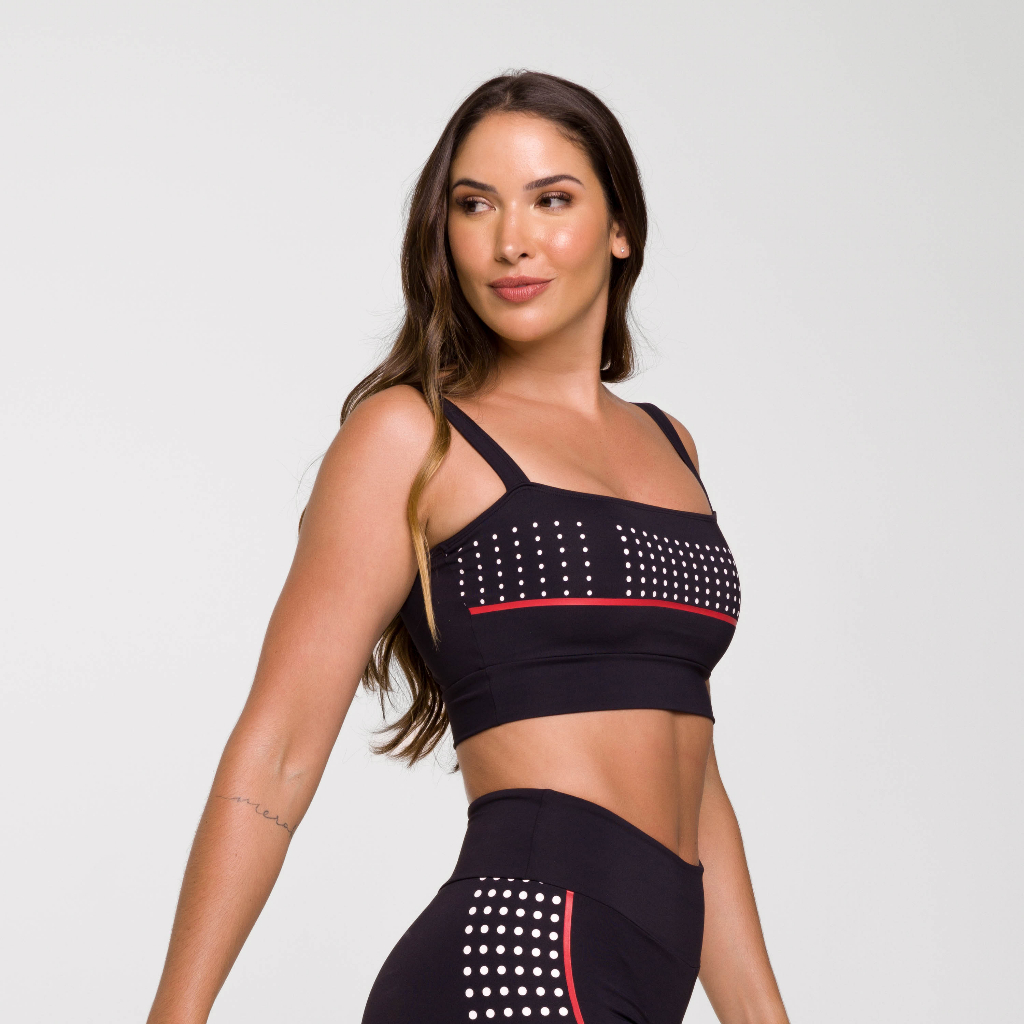 Top Fitness Feminino Academia Estampado Poá Top Poliamida Feminino Preto Lot Fitness