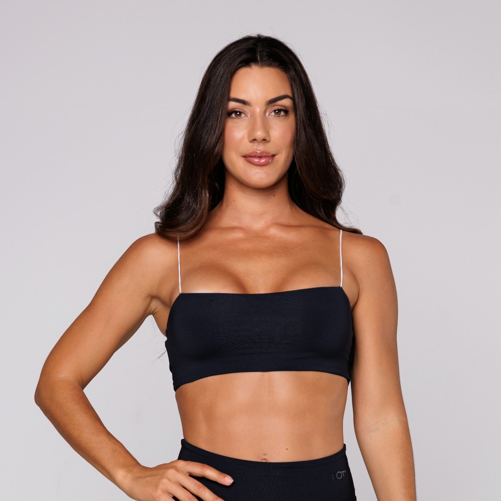 Top Faixa Feminino Academia de Poliamida Preto com Detalhe de Alça Branca Lot Fitness