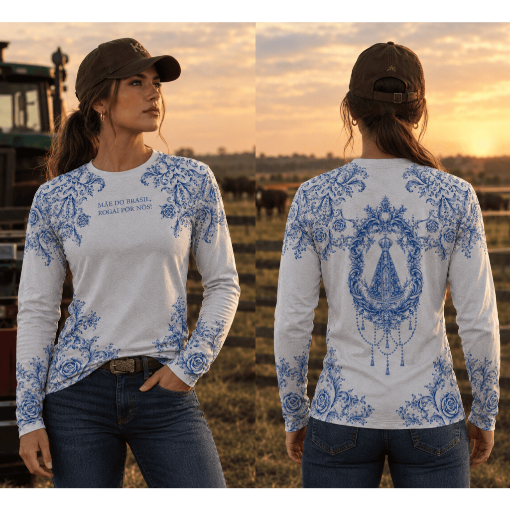 Camisa Manga Longa Dry Fit Nossa Senhora Aparecida Mãe do Brasil Full Estampa Proteção UV50+ Antibacteriana Leve Confort