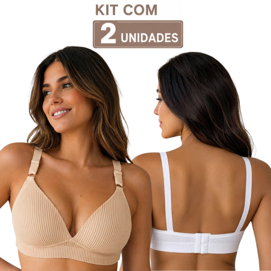 Kit 2 Sutiã Top Canelado Bojo Soft Confort Soutien sem Aro Macio Sustentação Fitness Feminina Alça larga