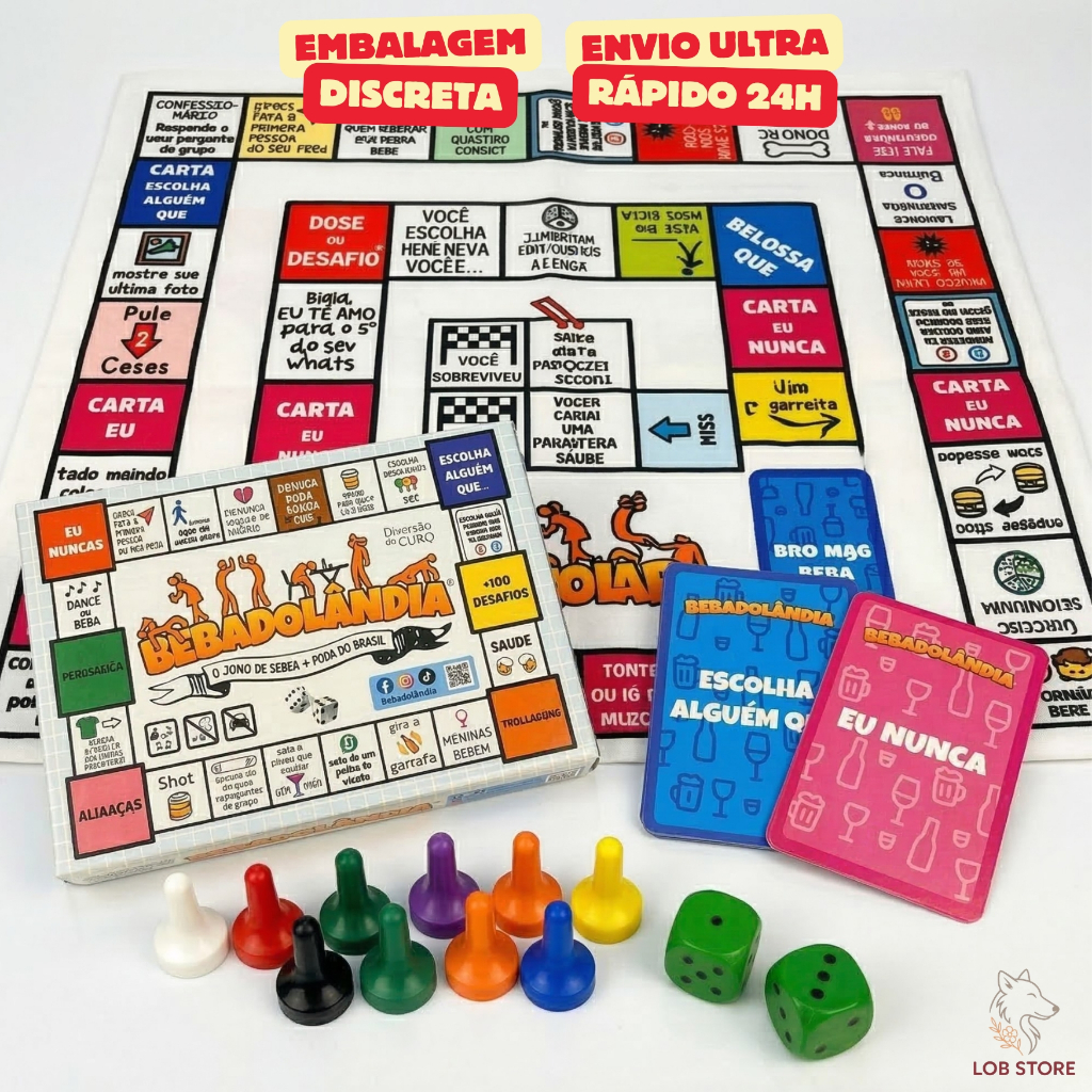 Jogo de Bebida Bebadolândia Festa Esquenta After Churrasco Tabuleiro Tecido 8 Pino 2 Dados 60 Cartas