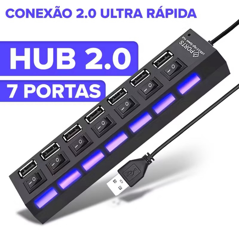Adaptador USB 7 Portas com Chave Liga/Desliga e LED Azul Entradas Plug & Play