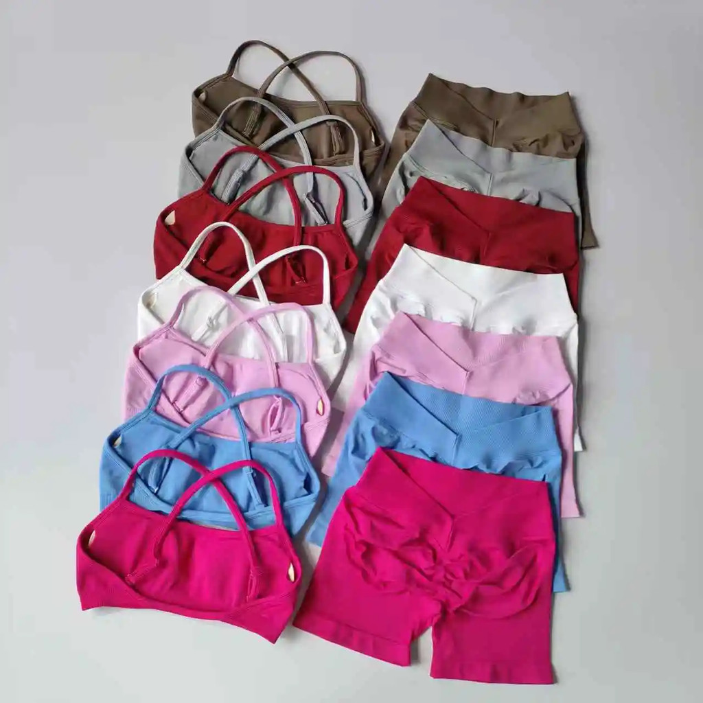 Sem Costura 2 Pçs Leggings Conjunto Feminino Yoga De Cintura Alta Scrunch Butt Shorts Com Halter Sutiãs Esportivos Trein