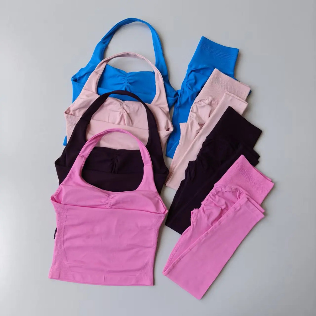Sem Costura 2 Pçs Conjunto Yoga Leggings Feminino Costas Sutiãs Colete Topos Cintura Alta Scrunch Ginásio Terno Roupas D