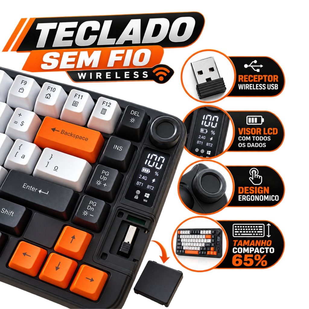 Teclado Gamer Sem Fio Iluminado Rgb Com Display Visor Receptor Usb Pc Notebook Ps5