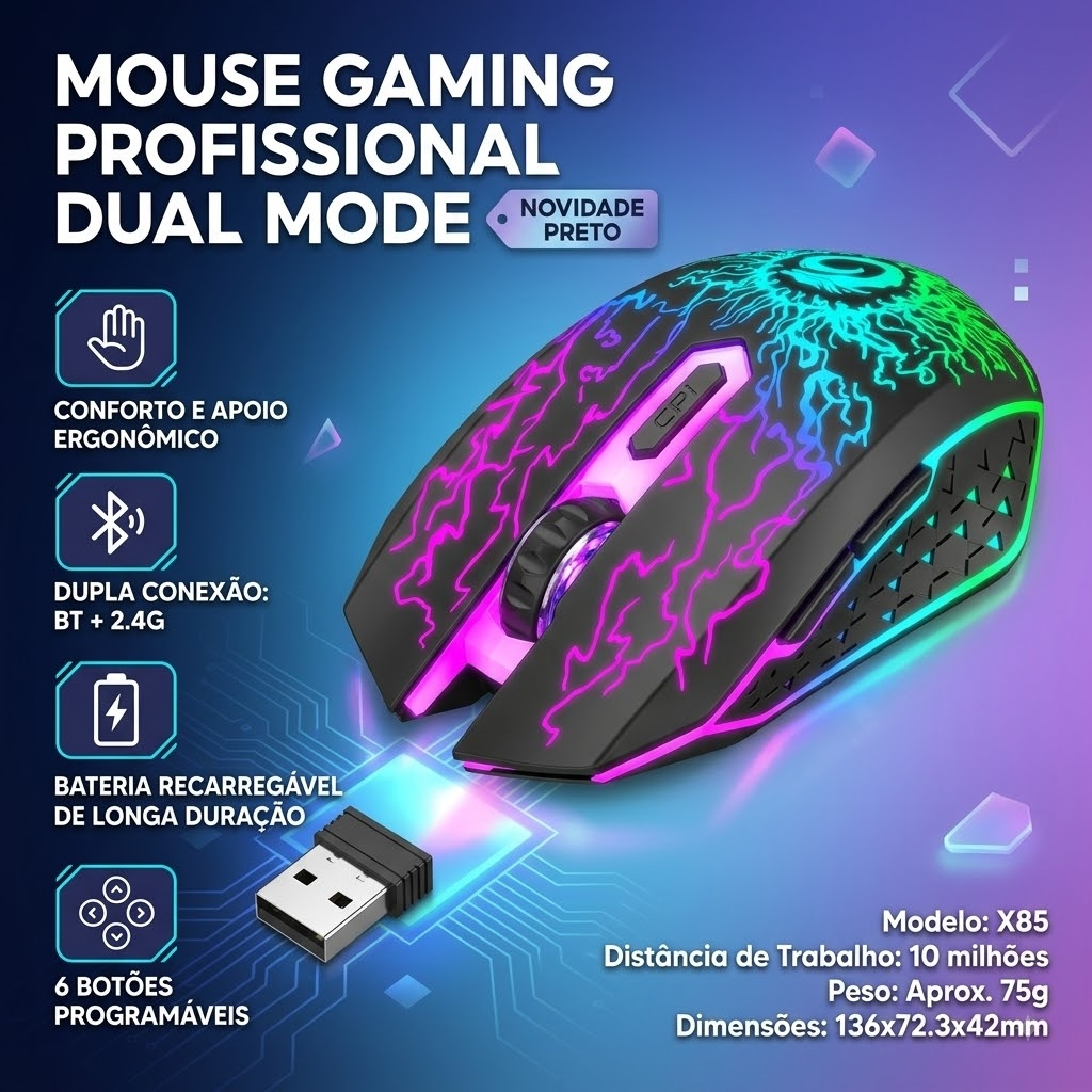 Mouse sem fio para notebook dual band receptor nano 2,4ghz / Bluetooth RGB recarregável mouse gamer sem fio