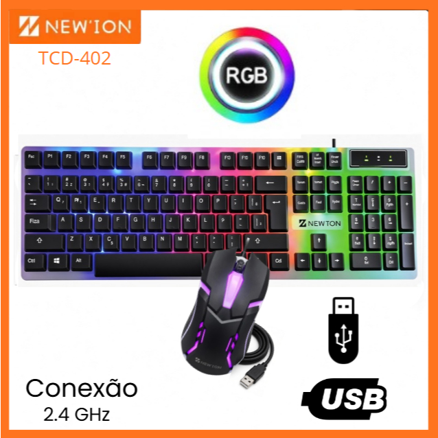Kit Teclado + Mouse RGB Com Fio Receptor USB Gamer Ergonômico À Prova D'água Resistente New'Ion