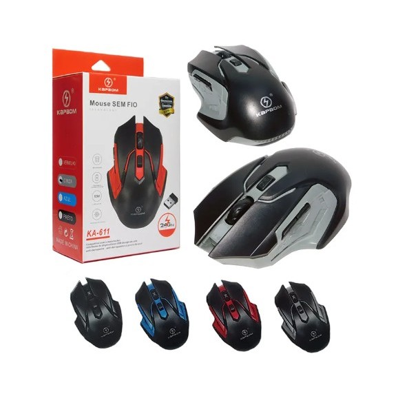 Mouse Óptico Sem Fio Preto Wireless 2.4GHz com Receptor USB 2.0 Compatível com Notebook e PC