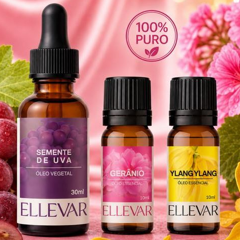 Kit Óleo Vegetal Semente de Uva 30ml, Óleo Essencial Gerânio, Ylang Ylang 10ml cada 100% puros