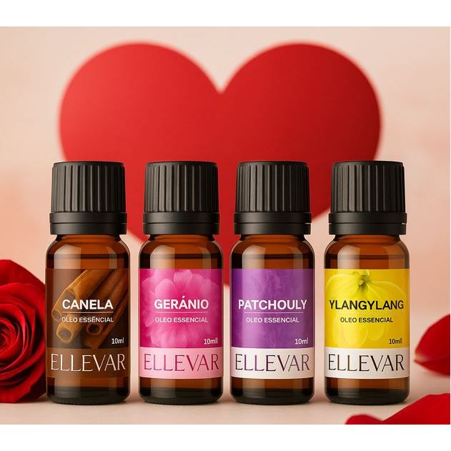Kit Afrodisíaco 4 Óleos Essenciais Ylang Ylang, Gerânio, Patchouli, Canela 10ml cada 100% Puros