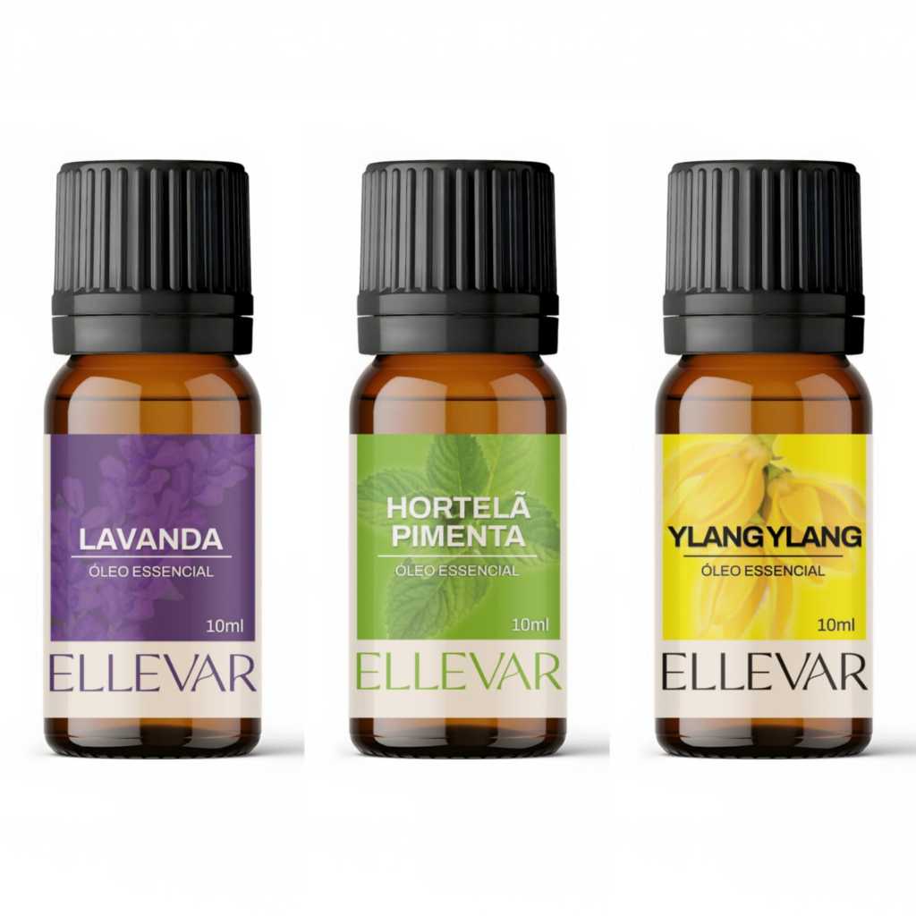 Kit Viva 3 Óleos Essenciais Lavanda, Hortelã-Pimenta, Ylang Ylang 10ml cada 100% Puros e Naturais