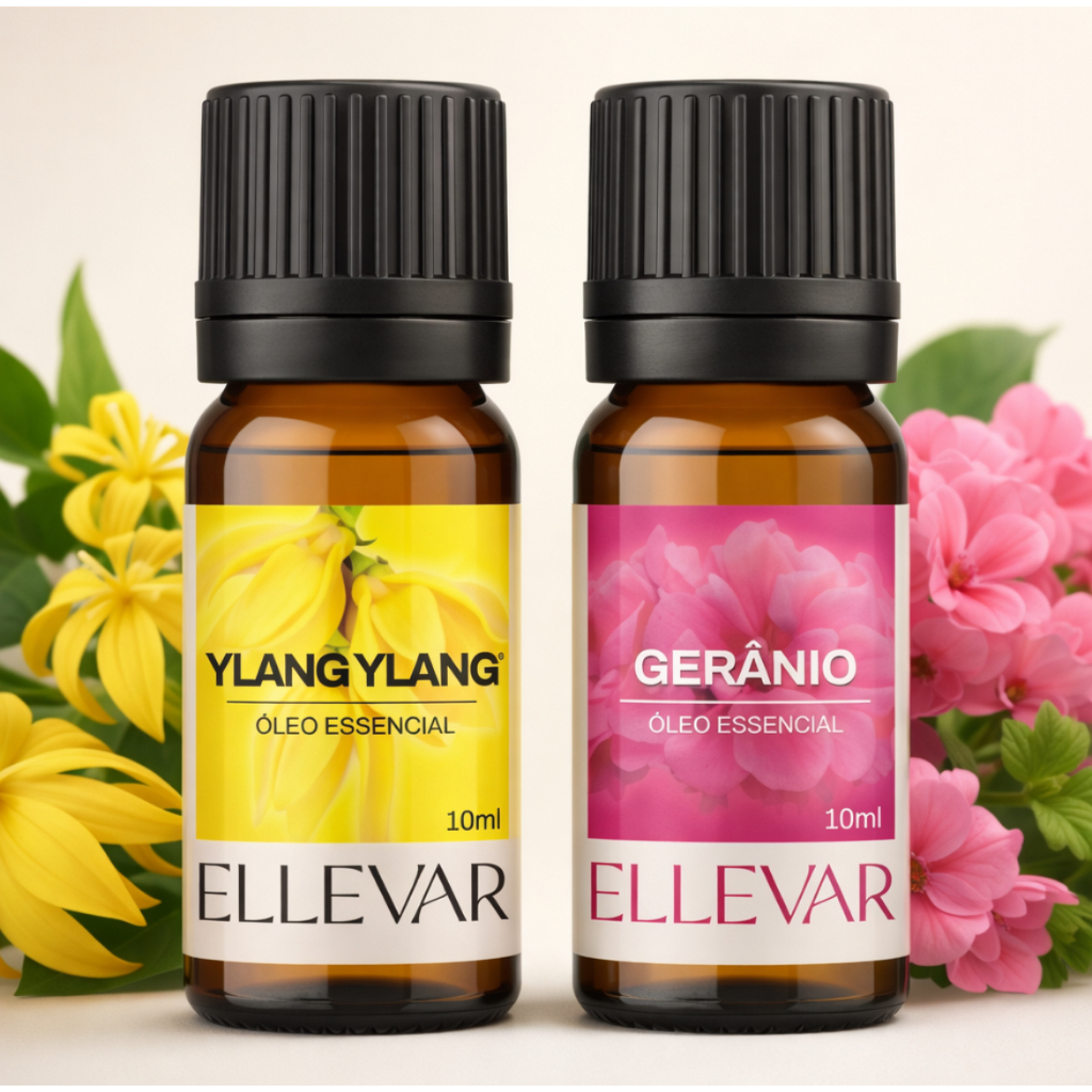Kit 2 Óleos Essenciais Ylang Ylang, Gerânio 10ml cada 100% Puros e Naturais