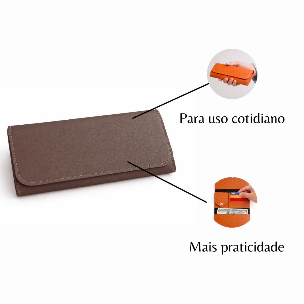 Carteira Feminina de Couro Sintético Marrom Porta Cartão
