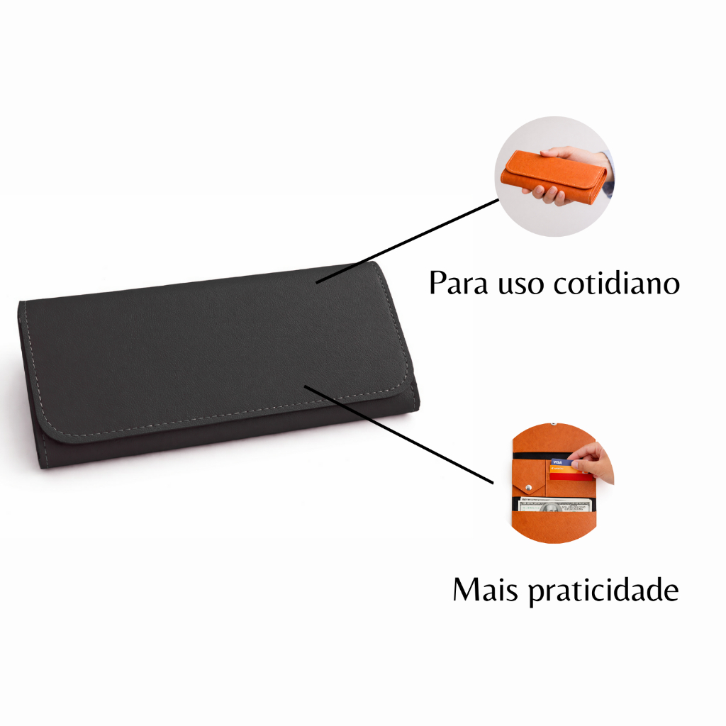 Carteira Feminina de Couro Sintético Preto Porta Cartão