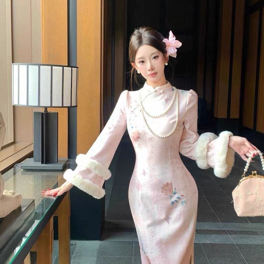[Novo produto] Novo estilo chinês rosa melhorado Cheongsam com lã fina redutora de idade suave vestido retrô estilo chin