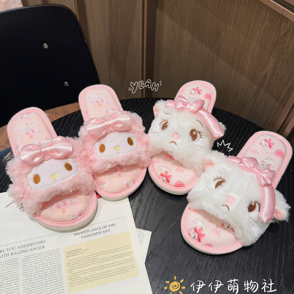 Japonês bonito menina coração rosa pequeno velo chinelos de dedo aberto feminino casa interior plana antiderrapante chin